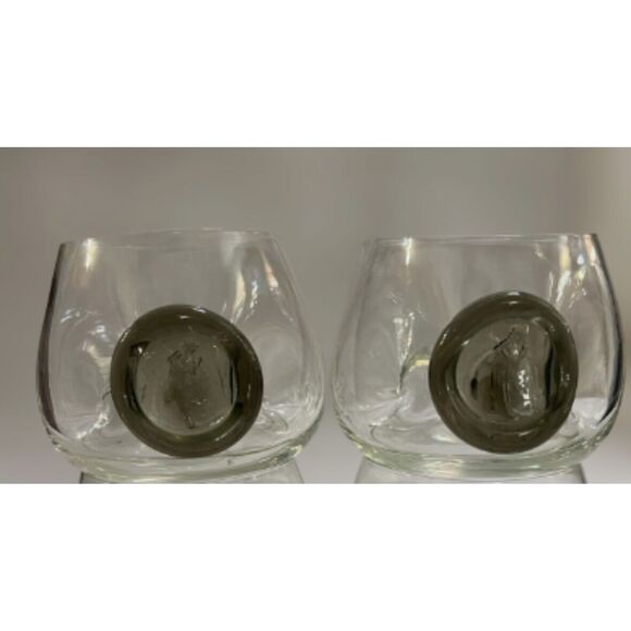 Set Of 2 Pinched Glass Square Whiskey Tumblers Gray Medallion Top Hat Cane Man - Picture 1 of 1